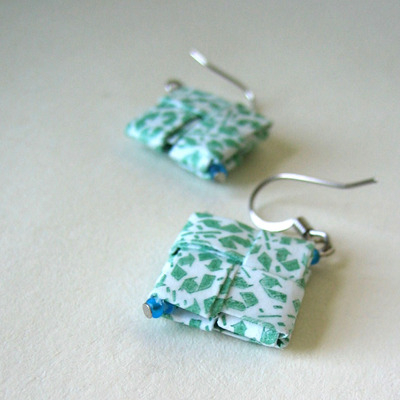 Eco-chic earrings - recycle symbol pattern - green and white