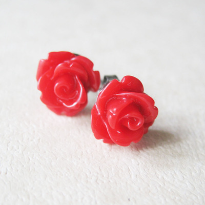 Red rose flower stud earrings. cherry red flower earrings.