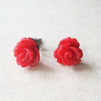 Red Rose Flower Stud Earrings. Cherry Red Flower Earrings. - Thumbnail 1