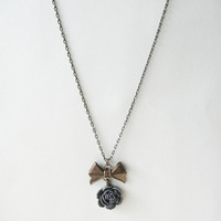 Long Strand Flower Necklace. Large Bow and Rose Charm Necklace. Gray Rose Necklace. Victorian Jewelry - Thumbnail 1