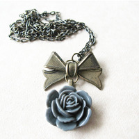Long Strand Flower Necklace. Large Bow and Rose Charm Necklace. Gray Rose Necklace. Victorian Jewelry - Thumbnail 2