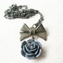 Long Strand Flower Necklace. Large Bow and Rose Charm Necklace. Gray Rose Necklace. Victorian Jewelry-2