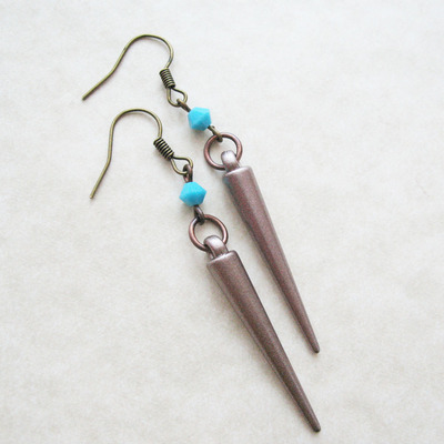 Turquoise blue spike dangle earrings. boho rocker chic earrings. swarovski crystal.