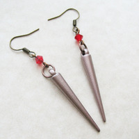 Ruby Red Spike Dangle Earrings. Boho Rocker Chic Earrings. Swarovski Crystal. - Thumbnail 2