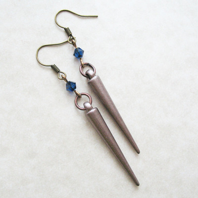 Cobalt blue spike dangle earrings. boho rocker chic earrings. swarovski crystal.
