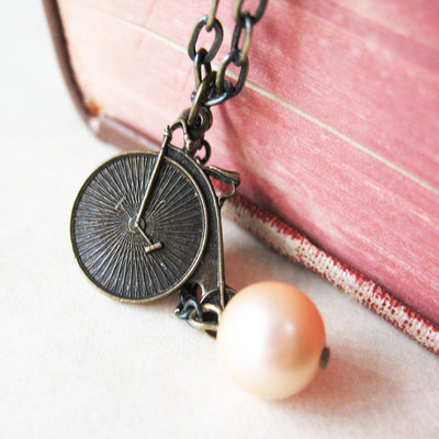 Vintage Inspired Penny Farthing Bicycle Charm and Pearl Necklace