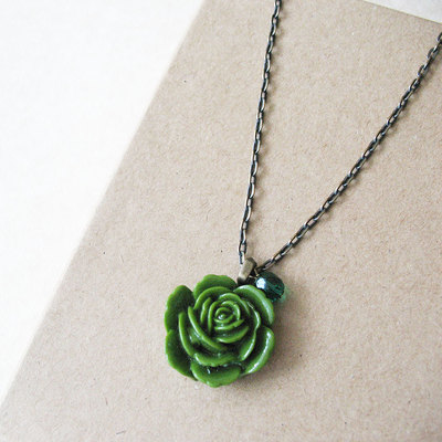 Green rose necklace. forest green flower necklace. spring jewelry.