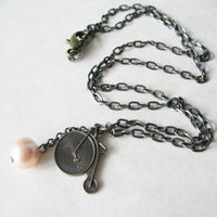 Vintage Inspired Penny Farthing Bicycle Charm and Pearl Necklace - Thumbnail 3