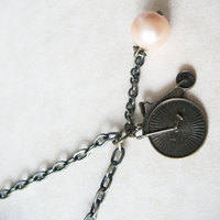 Vintage Inspired Penny Farthing Bicycle Charm and Pearl Necklace - Thumbnail 4