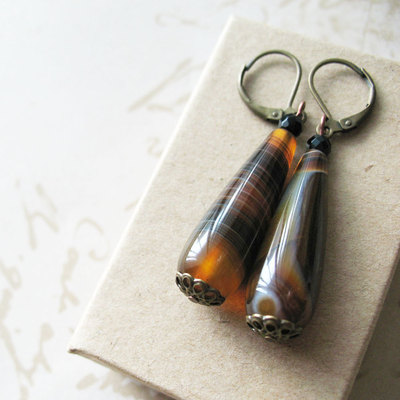 Agate stone dangle earrings. brown caramel earrings.  boho chic earrings. dark espresso. 
