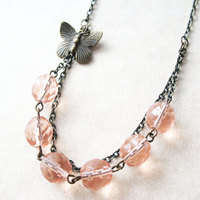 Peach Butterfly Beaded Necklace. Spring Jewelry. - Thumbnail 4
