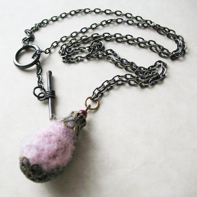 Long strand necklace. needle felted tear drop long necklace. pink grey brown wool