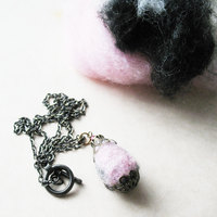 Long Strand Necklace. Needle Felted Tear Drop Long Necklace. Pink Grey Brown Wool - Thumbnail 1