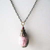 Long Strand Necklace. Needle Felted Tear Drop Long Necklace. Pink Grey Brown Wool - Thumbnail 3