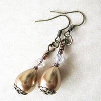Large Pearl Dangle Earrings. Caramel Coat Earrings. Chandelier Autumn Wedding - Thumbnail 1