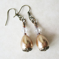 Large Pearl Dangle Earrings. Caramel Coat Earrings. Chandelier Autumn Wedding - Thumbnail 2