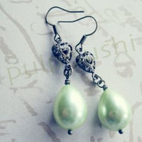 Green Pearl Earrings. Heart and Pearl Coat Earrings. Vintage Inspired. Downton Abbey. - Thumbnail 1