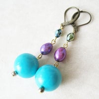 Turquoise Blue Beaded Earrings. Aqua Blue and Purple Earrings.  Retro Pool Party Chic. - Thumbnail 1