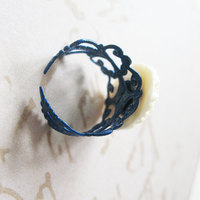 White Flower Adjustable Ring. Cobalt Blue Flower Cameo Ring. - Thumbnail 1