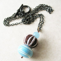 Brown and Blue Felt Bead Necklace. Long Strand Beaded Necklace. Boho Chic Needle Felt - Thumbnail 1