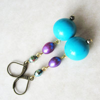 Turquoise Blue Beaded Earrings. Aqua Blue and Purple Earrings.  Retro Pool Party Chic. - Thumbnail 2