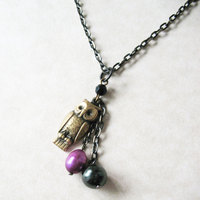 Owl Charm Necklace.  Black and Purple Pearl Necklace. Cute Bird Necklace. - Thumbnail 2