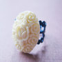 White Flower Adjustable Ring. Cobalt Blue Flower Cameo Ring.-3