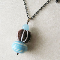 Brown and Blue Felt Bead Necklace. Long Strand Beaded Necklace. Boho Chic Needle Felt - Thumbnail 3