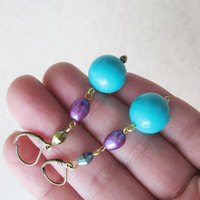 Turquoise Blue Beaded Earrings. Aqua Blue and Purple Earrings.  Retro Pool Party Chic. - Thumbnail 3