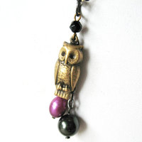 Owl Charm Necklace.  Black and Purple Pearl Necklace. Cute Bird Necklace. - Thumbnail 4