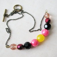 Handmade Beaded Necklace. Mod Inspired Colorful Beaded Necklace. Pink Black Yellow Mix.  Lovey Sweet - Thumbnail 1