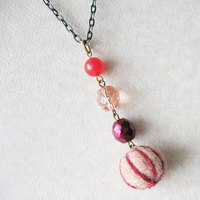Long Strand Necklace. Needle Felt Bead Cranberry Orange Necklace. Boho Chic Needle Felt Bead. - Thumbnail 1