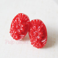 Red Flower Earrings - Holiday Cocktail Party - Bright Red Flower Stud Earrings - Thumbnail 1