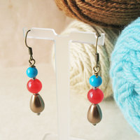 Rockabilly Red and Blue Beaded Earrings - Pearl Coat Drop Dangle Earrings - Cherry Bubble Tea - Thumbnail 1