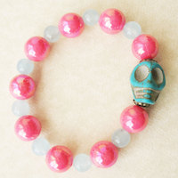 Bohemian Gypsy Skull Pink and Teal Stretch Bead Bracelet - Dia De Los Muertos - Thumbnail 1