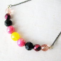 Handmade Beaded Necklace. Mod Inspired Colorful Beaded Necklace. Pink Black Yellow Mix.  Lovey Sweet - Thumbnail 2