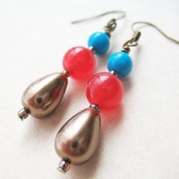 Rockabilly Red and Blue Beaded Earrings - Pearl Coat Drop Dangle Earrings - Cherry Bubble Tea - Thumbnail 2