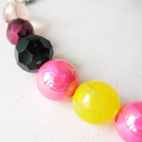 Handmade Beaded Necklace. Mod Inspired Colorful Beaded Necklace. Pink Black Yellow Mix.  Lovey Sweet - Thumbnail 3
