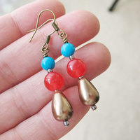 Rockabilly Red and Blue Beaded Earrings - Pearl Coat Drop Dangle Earrings - Cherry Bubble Tea - Thumbnail 3