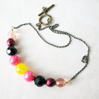 Handmade Beaded Necklace. Mod Inspired Colorful Beaded Necklace. Pink Black Yellow Mix.  Lovey Sweet - Thumbnail 4