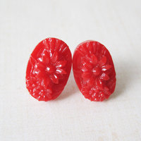 Red Flower Earrings - Holiday Cocktail Party - Bright Red Flower Stud Earrings - Thumbnail 4