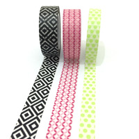 Washi Tape Set: Black geometrical diamond, lime polkadot and pink diamonds/ packaging/ gift wrapping/ scrapbooking - Thumbnail 1