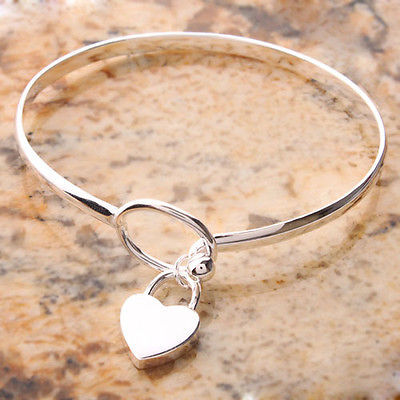Charm peach heart sterling silver bangle bracelet