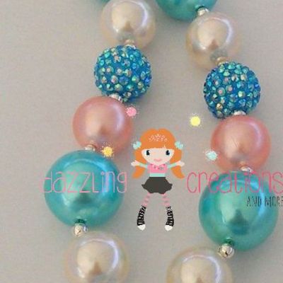 Teal vintage princess pendant/chunky necklace and white flower hair clip/bubblegum beads/girls jewelry/hair bows