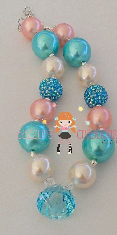 Teal Vintage Princess Pendant/Chunky Necklace and White Flower Hair Clip/Bubblegum beads/Girls Jewelry/Hair Bows