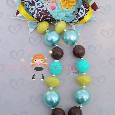 Teal lalaloopsy chunky necklace hair bow set/bubblegum beads/girls jewelry