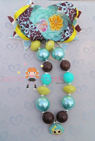 Teal lalaloopsy chunky necklace hair bow set/bubblegum beads/girls jewelry