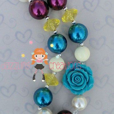 Teal flower pendant chunky necklace/bubblegum beads/girls jewelry