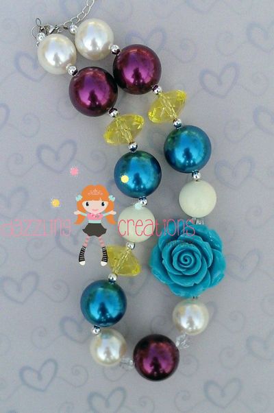 Teal flower pendant chunky necklace/bubblegum beads/girls jewelry