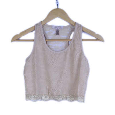 Racerback cropped lace shirt in beige